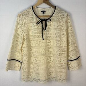 Talbots Cream Victorian Scallop Lace Blouse with Bow